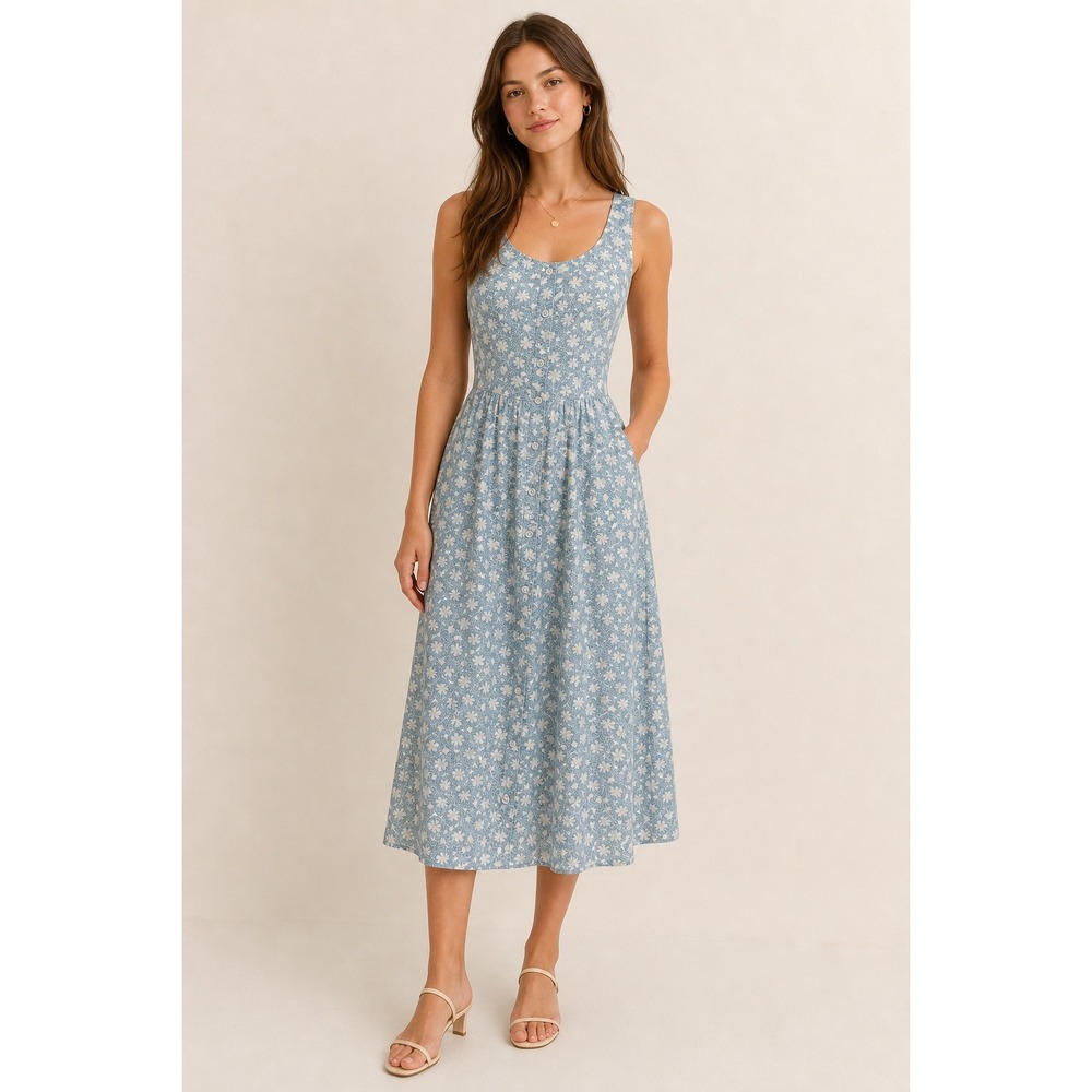 April Cornell Womens Blue Ditsy Floral Button Front Midi Dress Large Cottagecore